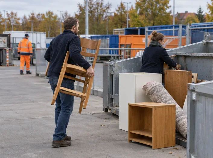 Ein Bewohner lädt einen Holzstuhl an einem kommunalen Wertstoffhof aus einem Auto aus; im Hintergrund stehen Sammelcontainer.