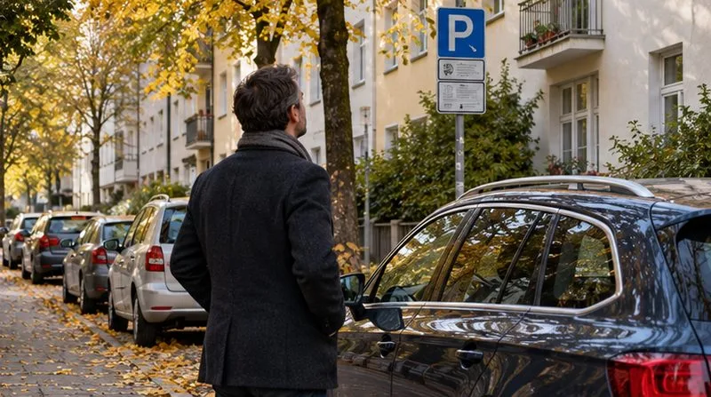 Ein Autofahrer betrachtet ein Parkschild am Straßenrand neben einem geparkten Pkw in einer Münchner Wohnstraße.