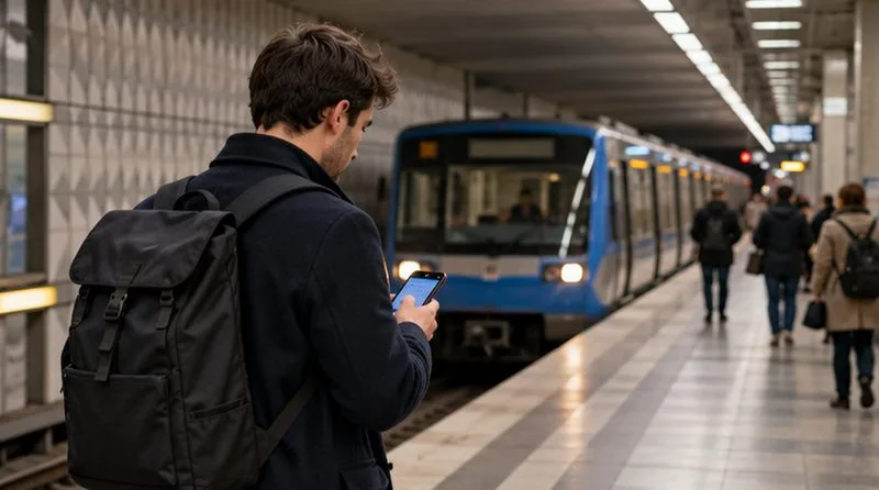 Ein Fahrgast prüft am Bahnsteig eines Münchner U-Bahnhofs sein Smartphone, während im Hintergrund ein Zug einfährt.