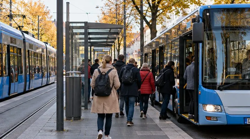 Fahrgäste steigen an einer Haltestelle neben einer Tram in einen blauen Ersatzbus.