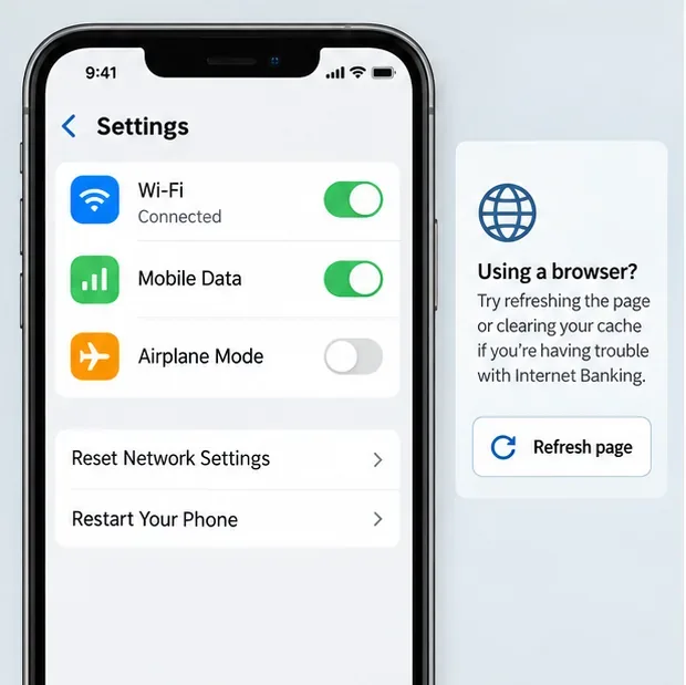 Illustrated mobile network settings beside browser refresh guidance for troubleshooting NAB access
