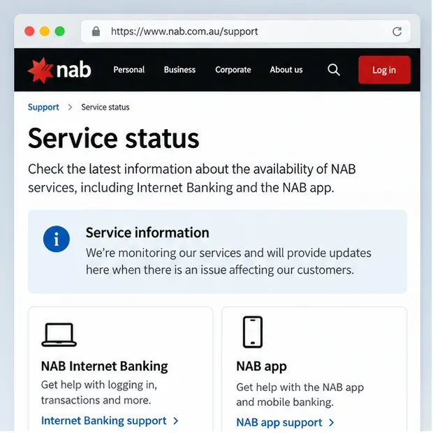 Illustrated NAB service-status webpage showing Internet Banking and NAB app availability information