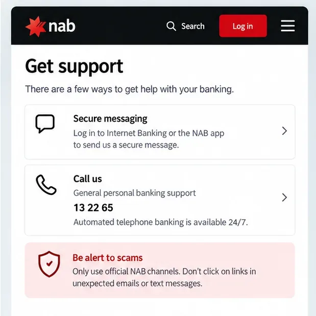 Illustrated NAB support page showing secure messaging, the official phone number 13 22 65, and a scam warning