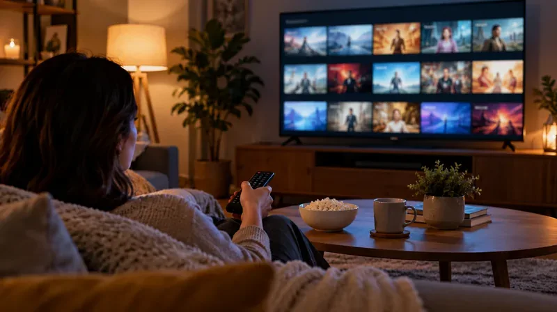 A viewer in a cozy living room browsing a grid of streaming titles on a television while holding a remote