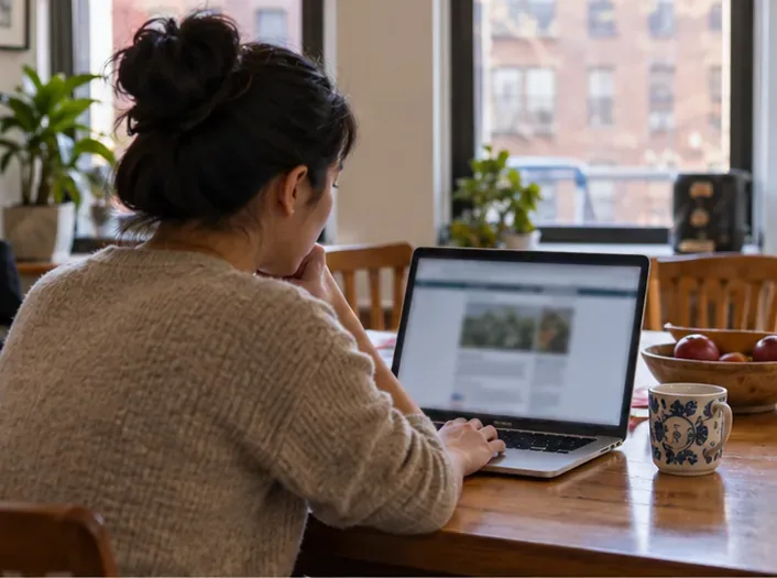 A New York City resident checks a sanitation collection page on a laptop at home.