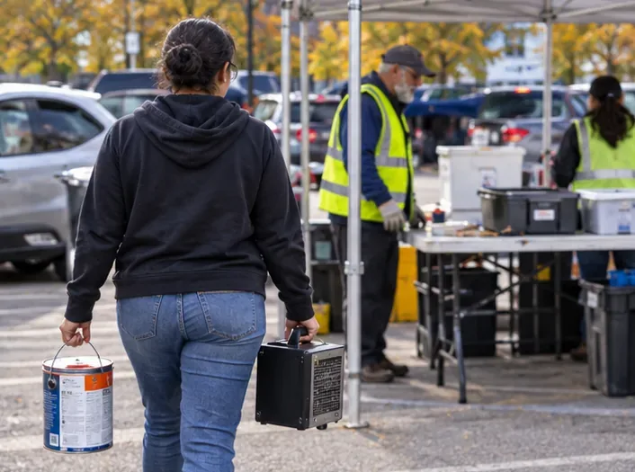 A resident carries a sealed paint container and a small electronic device toward an unmarked household special-waste drop-off table.