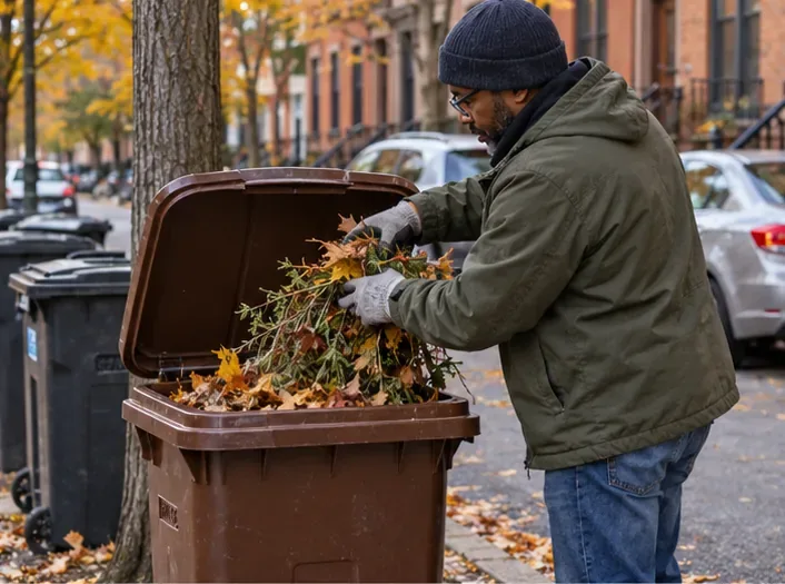 Autumn leaves and small yard trimmings sit beside a brown lidded compost bin on a New York City curb.