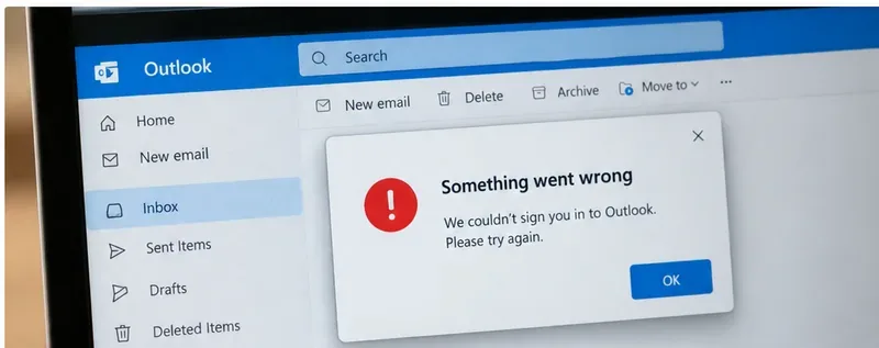 Outlook 視窗出現登入失敗或無法連線提示的畫面示意