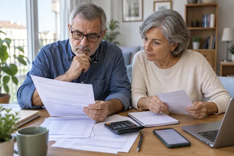 Una pareja mayor revisa documentos, una calculadora y un ordenador portátil para comprobar su planificación de jubilación y pensión