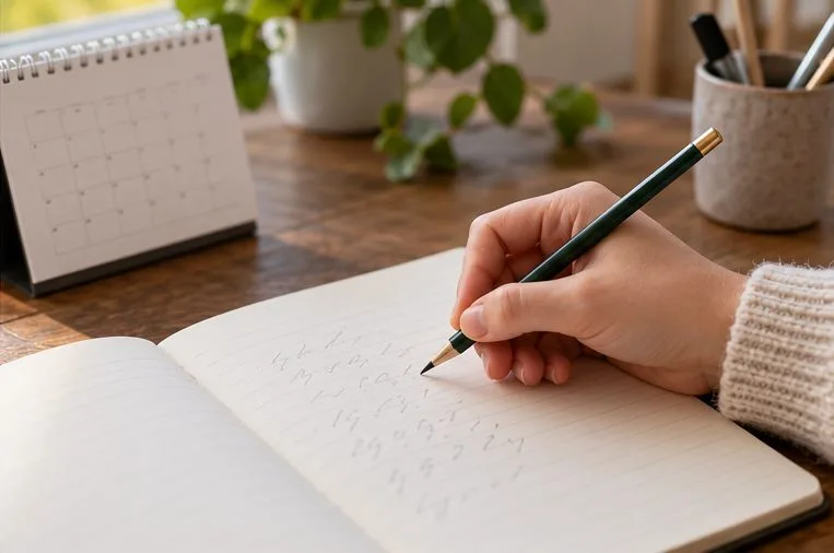 Eine Hand notiert Angaben in einem offenen Notizbuch neben einem Tischkalender