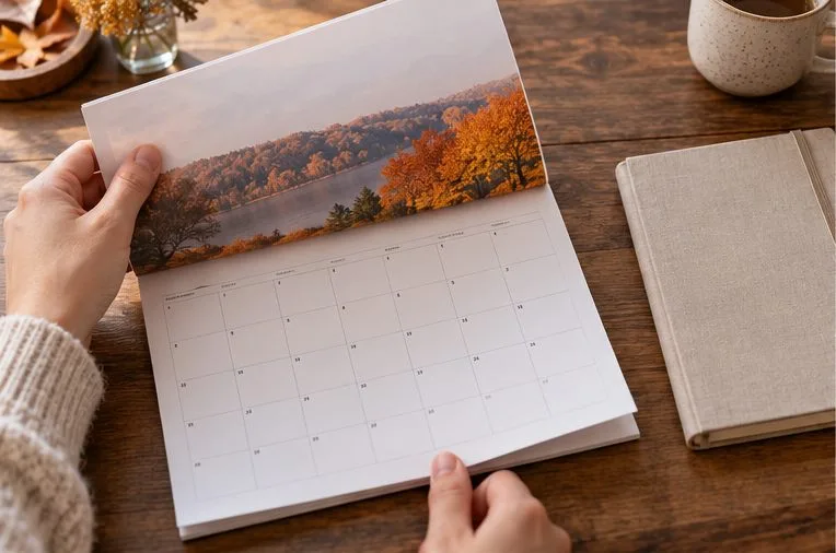 Ein aufgeschlagener Kalender und ein Notizbuch auf einem Holztisch bei Herbstlicht