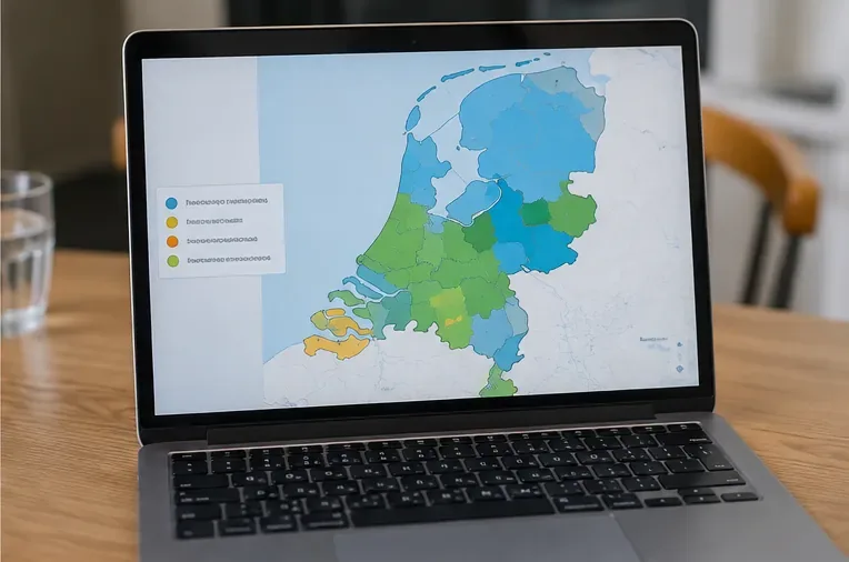 Een laptop toont een vereenvoudigde kaart van Nederland waarmee de gebruiker per regio de herkomst van drinkwater kan vergelijken.