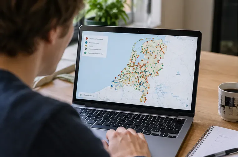 Een persoon bekijkt op een laptop een kaart van Nederland met verspreide meetpunten als praktische eerste stap bij het controleren van PFAS in de omgeving.