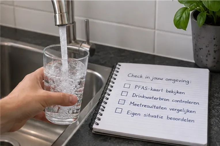 Een glas kraanwater naast een notitieboek met de checklist PFAS-kaart bekijken, drinkwaterbron controleren, meetresultaten vergelijken en de eigen situatie beoordelen.