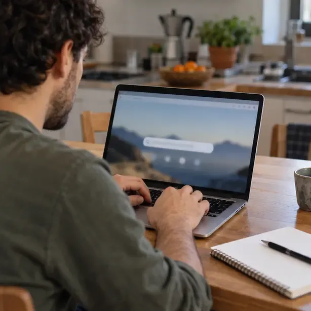 Un uomo apre una nuova pagina del browser dal computer invece di seguire il collegamento ricevuto