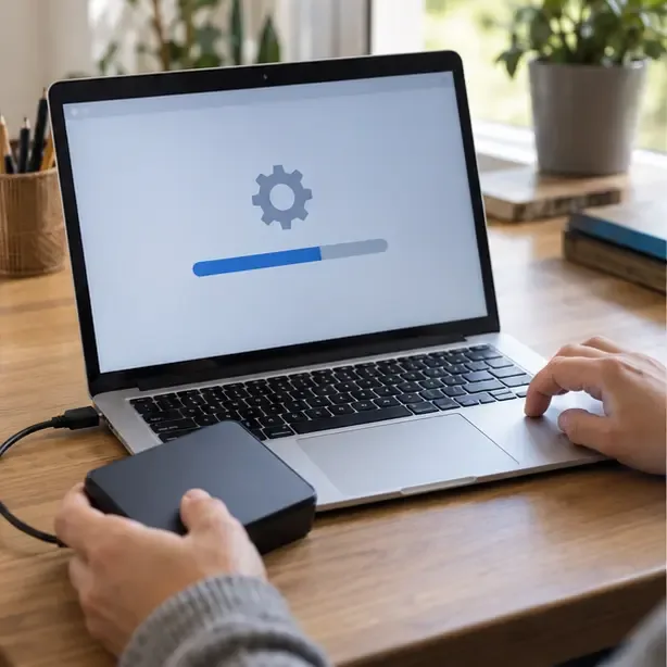 Un computer portatile mostra un aggiornamento astratto mentre una mano collega un disco esterno per il backup