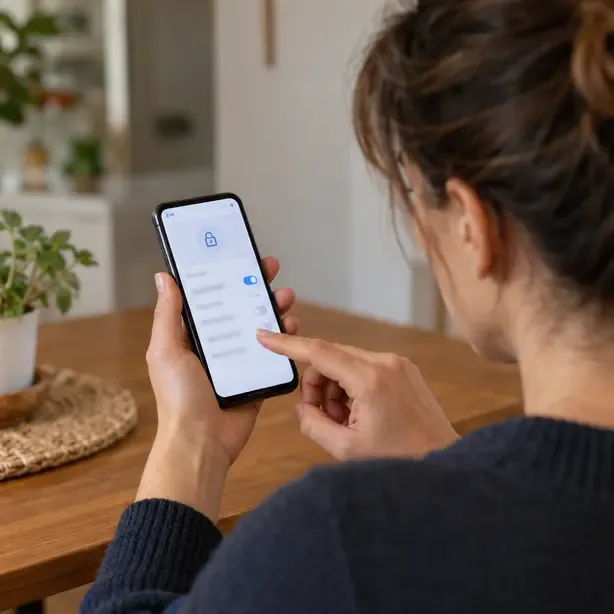 Una persona attiva un’impostazione di sicurezza su uno smartphone con interfaccia volutamente non leggibile