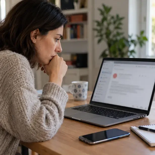 Una donna osserva con cautela una e-mail sfocata sullo schermo di un computer portatile