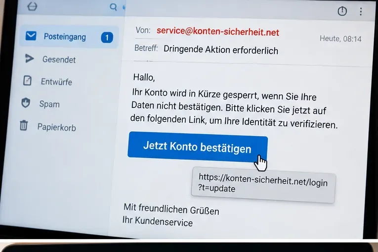 Beispiel einer verdächtigen E-Mail mit ungewöhnlicher Absenderdomain, Zeitdruck und einem Link zu einer anderen Adresse