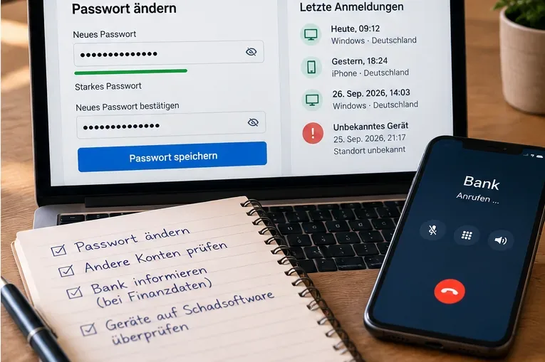Laptop mit Passwortänderung und Liste letzter Anmeldungen, daneben eine Checkliste und ein Smartphone mit einem Anruf bei der Bank