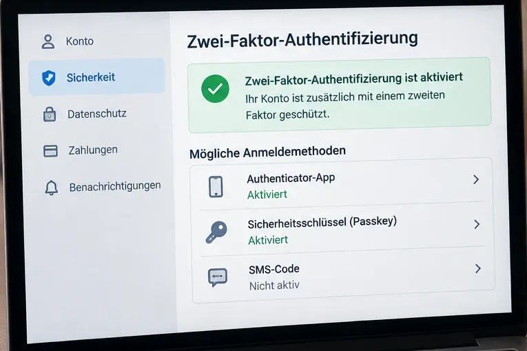 Sicherheitsbereich eines Kontos mit aktivierter Zwei-Faktor-Authentisierung und mehreren möglichen Anmeldemethoden