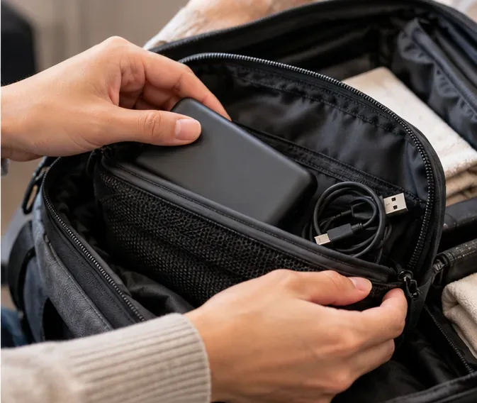 Eine Powerbank wird in eine separate gepolsterte Tasche im geöffneten Handgepäck gelegt; daneben liegt ein USB-Kabel.