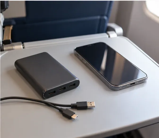 Auf einem Flugzeug-Klapptisch liegen eine Powerbank, ein Smartphone und ein nicht eingestecktes Ladekabel getrennt voneinander.