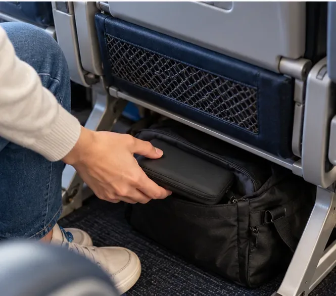 Eine Reisende verstaut eine geschlossene Tasche mit Powerbank im Handgepäck unter dem Vordersitz einer Flugzeugkabine.