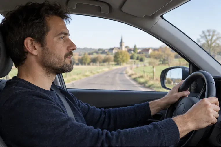 Un automobiliste conduit sa voiture sur une route de campagne bordée de maisons et de champs.