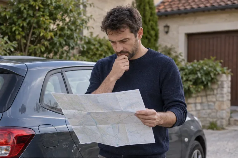 Un automobiliste debout près de sa voiture examine une carte routière dépliée sans texte lisible.
