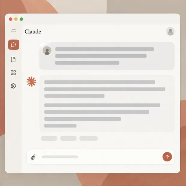 Interfaz esquemática de Claude con una petición breve en el cuadro de conversación y varias líneas de respuesta encima.