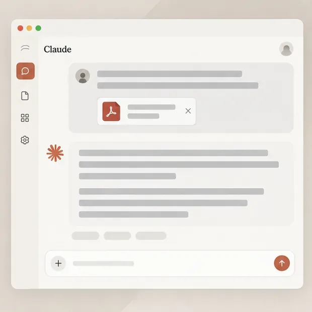 Cuadro de mensaje de Claude con el símbolo más en el extremo izquierdo y una tarjeta de archivo PDF adjunta.