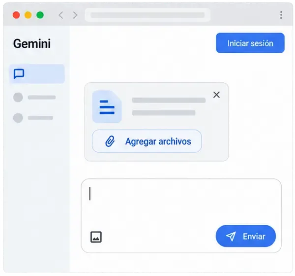 Interfaz ilustrativa de Gemini con el control Agregar archivos abierto sobre el cuadro de conversación