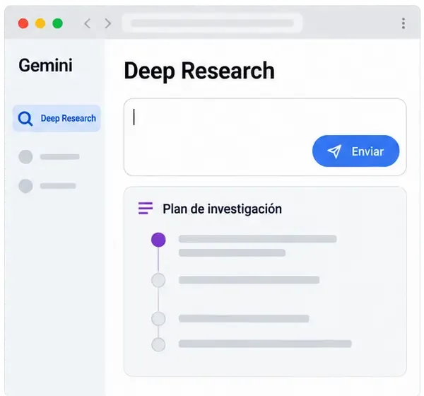 Interfaz ilustrativa de Deep Research en Gemini con un cuadro de consulta y un plan de investigación por etapas