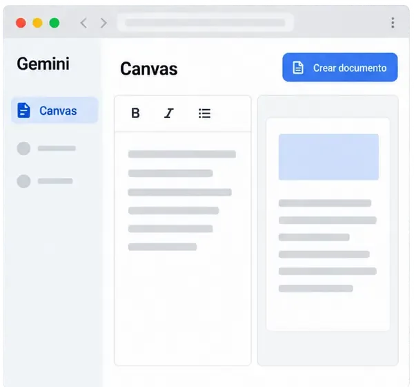 Interfaz ilustrativa de Canvas en Gemini con un documento editable y el botón Crear documento