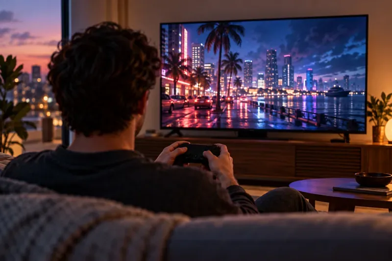 A seated player holds a controller while a television displays a generic neon-lit coastal city at dusk; the screen is not GTA VI footage.