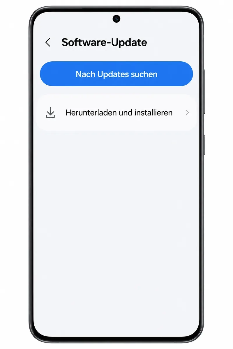 Ein Galaxy-Bildschirm zeigt die Seite Software-Update mit den Optionen Nach Updates suchen und Herunterladen und installieren.