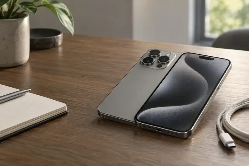 Titanium smartphone with a triple-camera layout resting on a wooden desk beside a USB-C cable