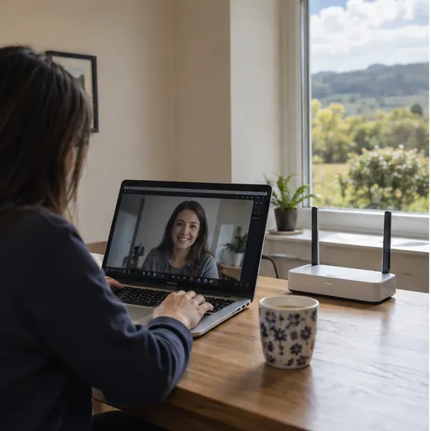 Uma pessoa em uma casa rural participa de uma videochamada em um laptop, com um roteador sem fio compacto sobre a mesa ao lado da janela.