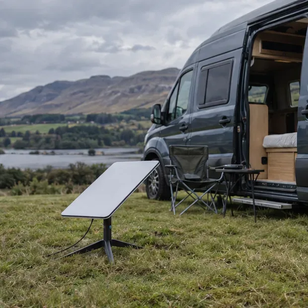 Um terminal portátil de internet via satélite, plano e portátil, instalado na grama ao lado de uma autocaravana e um lago, em uma paisagem montanhosa típica do Reino Unido.