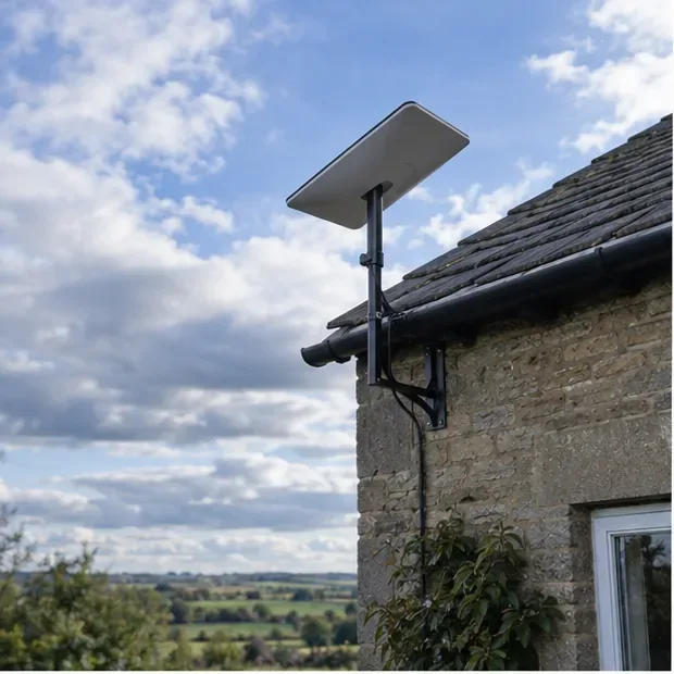 Um terminal plano de internet via satélite, instalado no alto da parede de pedra de uma casa rural no Reino Unido, sob um céu amplo e aberto.
