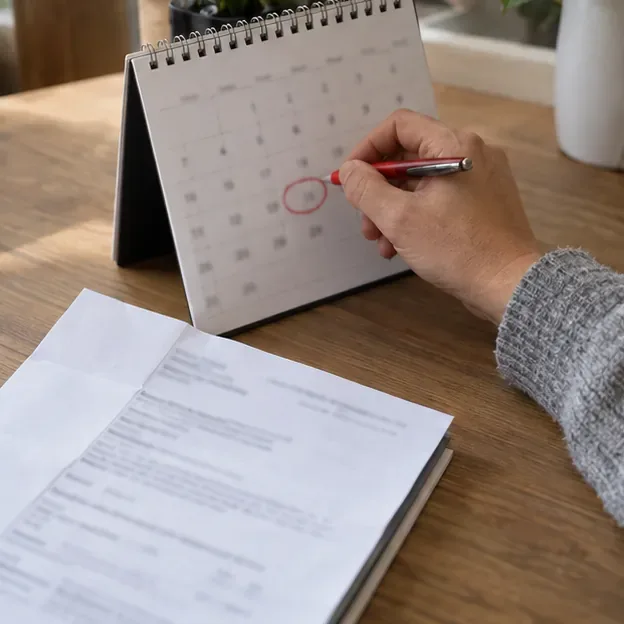 Eine Hand markiert einen Tag in einem Tischkalender neben einem Steuerbescheid