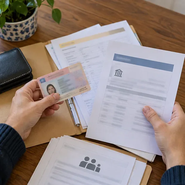 Manos ordenan un documento de identidad, papeles bancarios y documentos familiares sobre una mesa