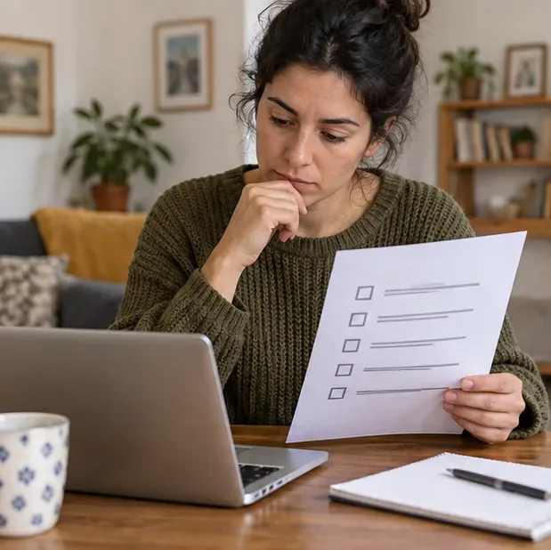 Una persona revisa una lista de requisitos en papel junto a un ordenador portátil en casa
