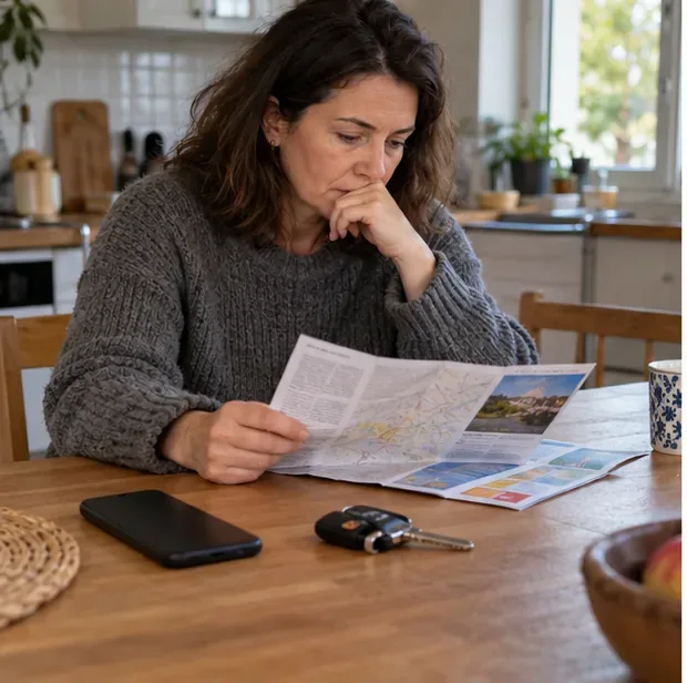 Une personne consulte une carte papier à une table, avec un téléphone posé face cachée et des clés de voiture à proximité.