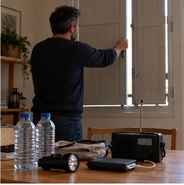 Un homme ferme un volet depuis l’intérieur tandis qu’une lampe, une radio, de l’eau et une batterie externe sont posées sur une table.