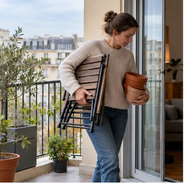 Une femme rentre une chaise pliante et des pots depuis le balcon d’un appartement.