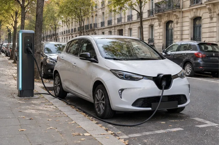 Une petite voiture électrique blanche est branchée à une borne de recharge publique dans une rue urbaine bordée d’arbres