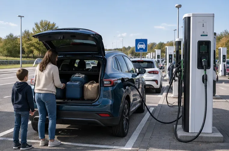 Une famille charge un SUV électrique sur une aire équipée de bornes rapides tout en rangeant des bagages dans le coffre