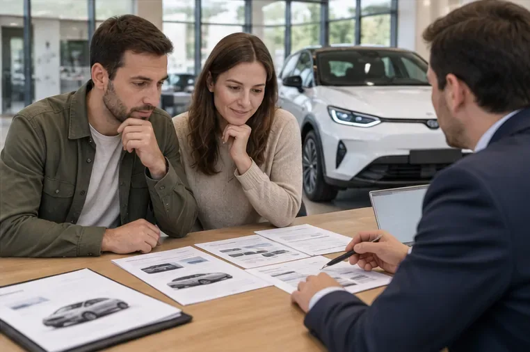 Un couple étudie des documents avec un vendeur dans une concession automobile, une voiture électrique exposée en arrière-plan